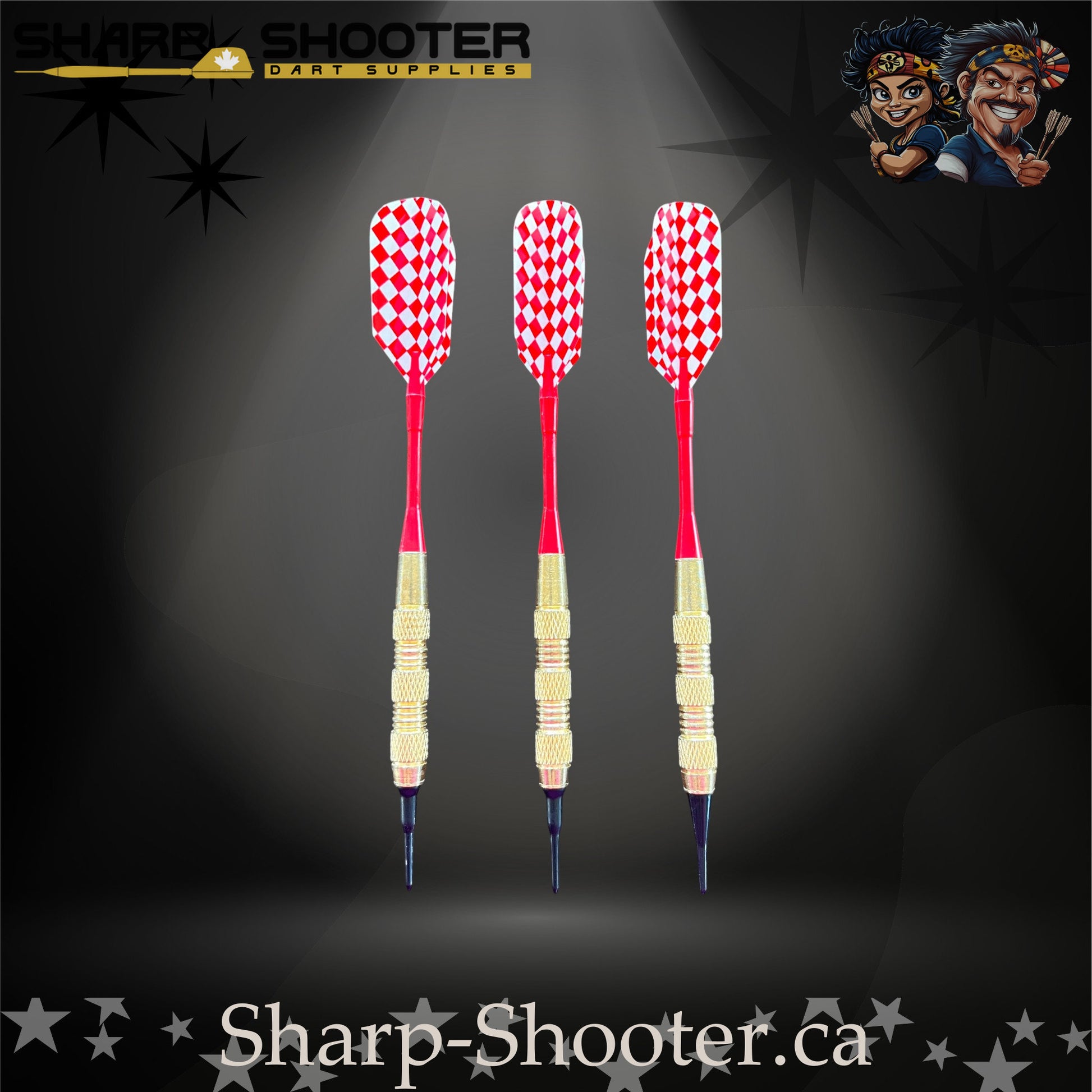 Grand Prix soft tip dart set with gold SD06 barrels, red shafts, soft tips, and red diamond flights – Sharp Shooter Dart Supplies
