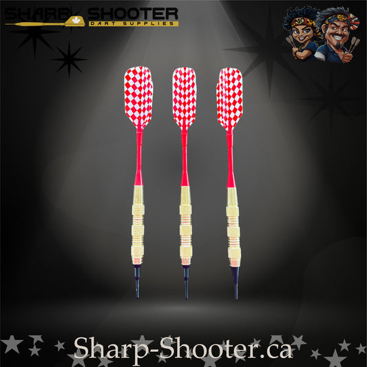 Grand Prix soft tip dart set with gold SD06 barrels, red shafts, soft tips, and red diamond flights – Sharp Shooter Dart Supplies
