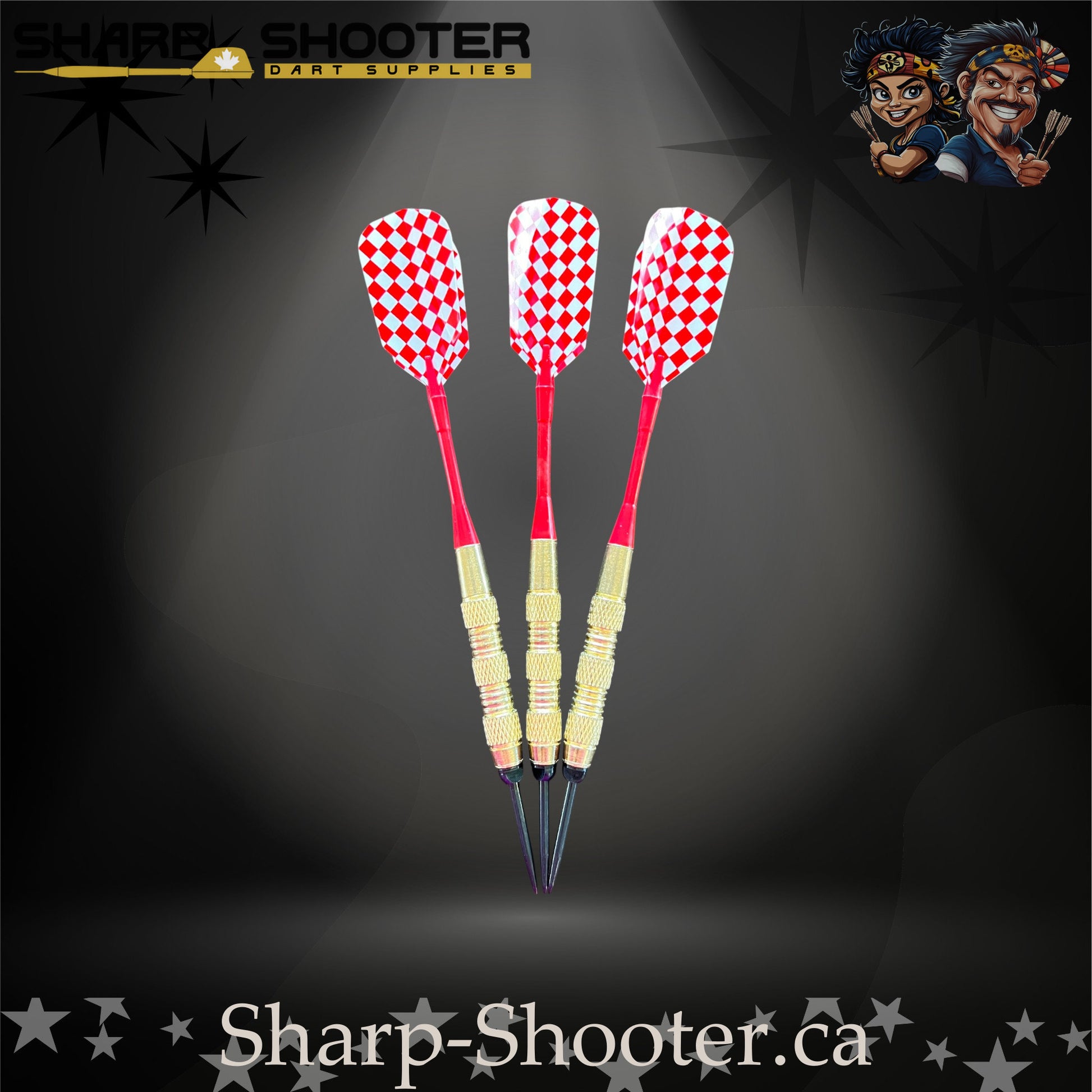 Grand Prix-S steel tip dart set with gold SD06 barrels, 29 mm slim steel tips, red shafts, diamond-pattern flights – Sharp Shooter Dart Supplies
