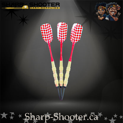Grand Prix-S steel tip dart set with gold SD06 barrels, 29 mm slim steel tips, red shafts, diamond-pattern flights – Sharp Shooter Dart Supplies