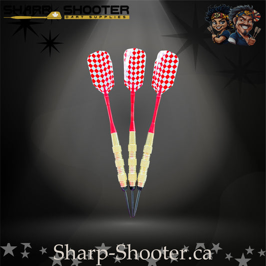 Grand Prix-S steel tip dart set with gold SD06 barrels, 29 mm slim steel tips, red shafts, diamond-pattern flights – Sharp Shooter Dart Supplies