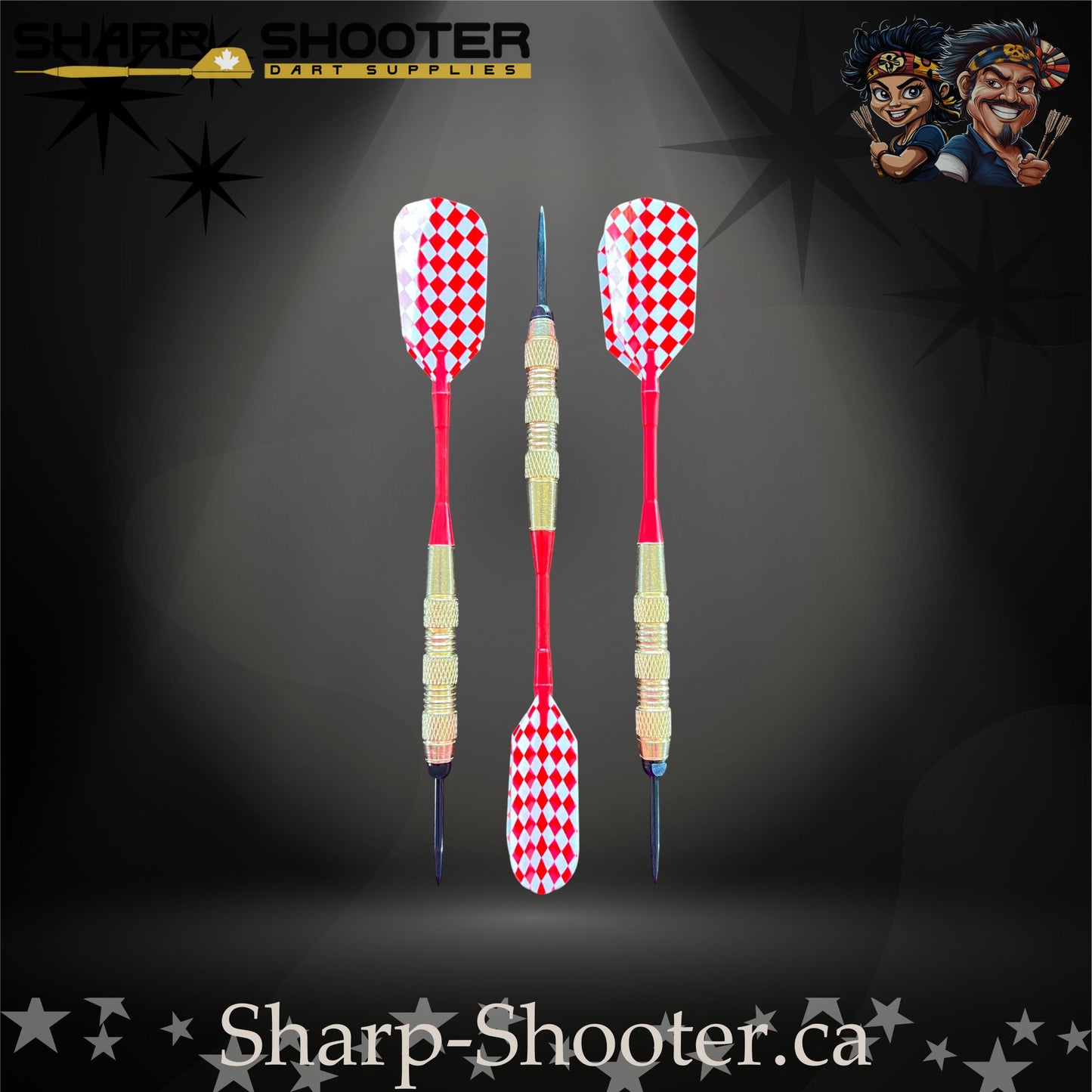 Grand Prix-S steel tip dart set with gold SD06 barrels, 29 mm slim steel tips, red shafts, diamond-pattern flights – Sharp Shooter Dart Supplies