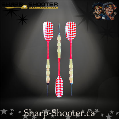 Grand Prix-S steel tip dart set with gold SD06 barrels, 29 mm slim steel tips, red shafts, diamond-pattern flights – Sharp Shooter Dart Supplies