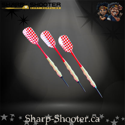 Grand Prix-S steel tip dart set with gold SD06 barrels, 29 mm slim steel tips, red shafts, diamond-pattern flights – Sharp Shooter Dart Supplies