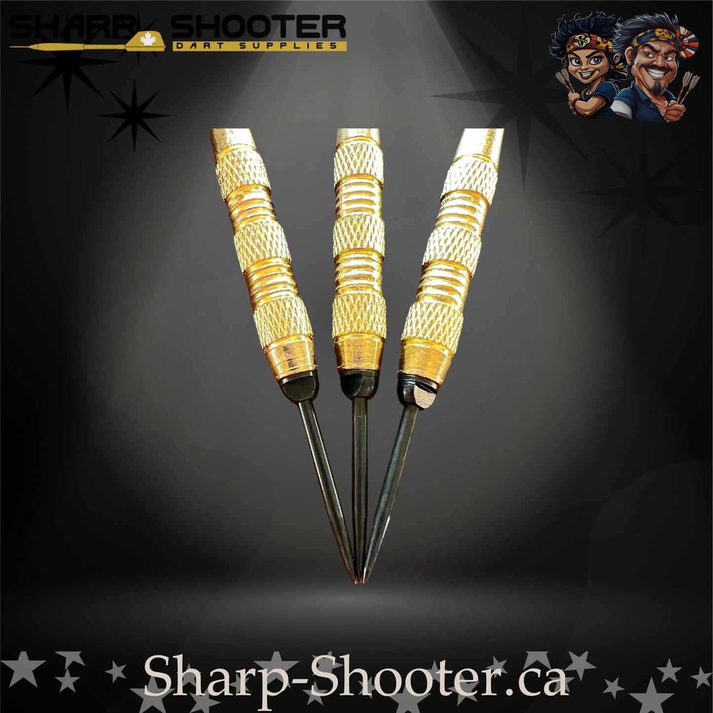 Grand Prix-S steel tip dart set with gold SD06 barrels, 29 mm slim steel tips, red shafts, diamond-pattern flights – Sharp Shooter Dart Supplies
