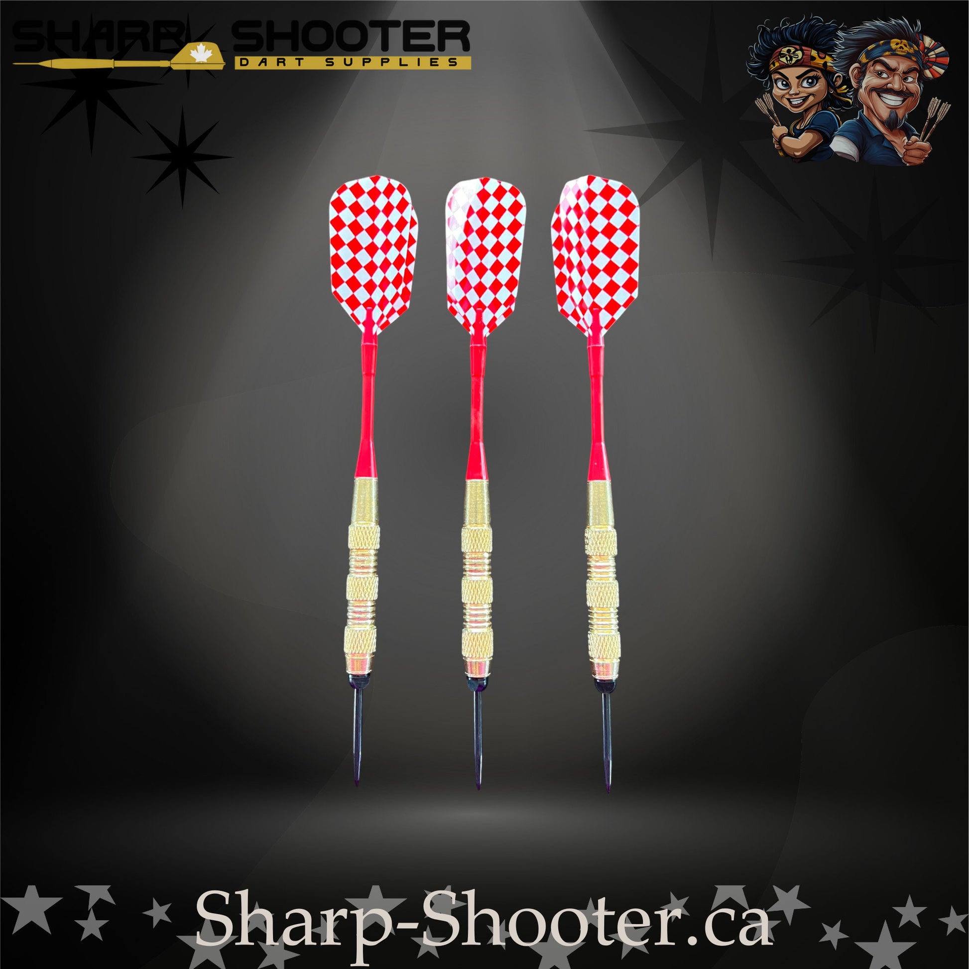Grand Prix-S steel tip dart set with gold SD06 barrels, 29 mm slim steel tips, red shafts, diamond-pattern flights – Sharp Shooter Dart Supplies