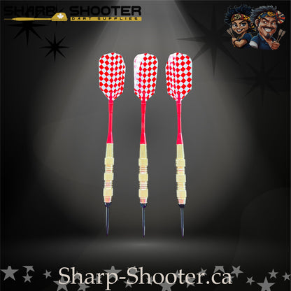 Grand Prix-S steel tip dart set with gold SD06 barrels, 29 mm slim steel tips, red shafts, diamond-pattern flights – Sharp Shooter Dart Supplies