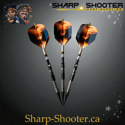 Hades Exclusive Series Soft Tip Dart Set SSD28 – 18.7g tungsten barrels with orange Tornado flights and gold protectors in Dominion case