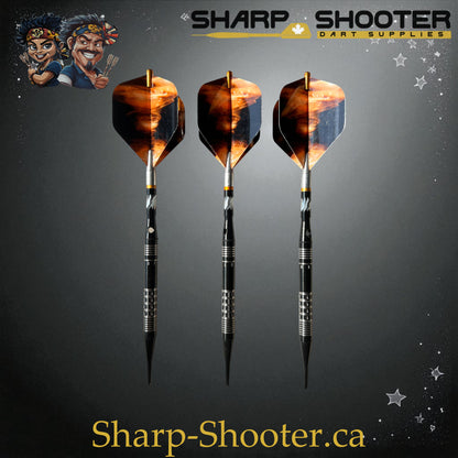 Hades Exclusive Series Soft Tip Dart Set SSD28 – 18.7g tungsten barrels with orange Tornado flights and gold protectors in Dominion case
