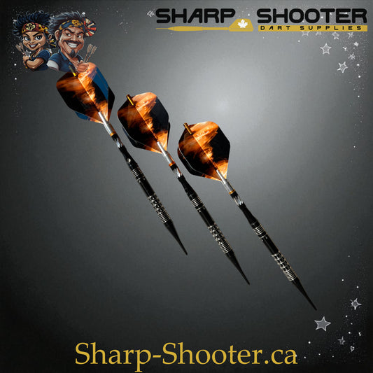 Hades Exclusive Series Soft Tip Dart Set SSD28 – 18.7g tungsten barrels with orange Tornado flights and gold protectors in Dominion case
