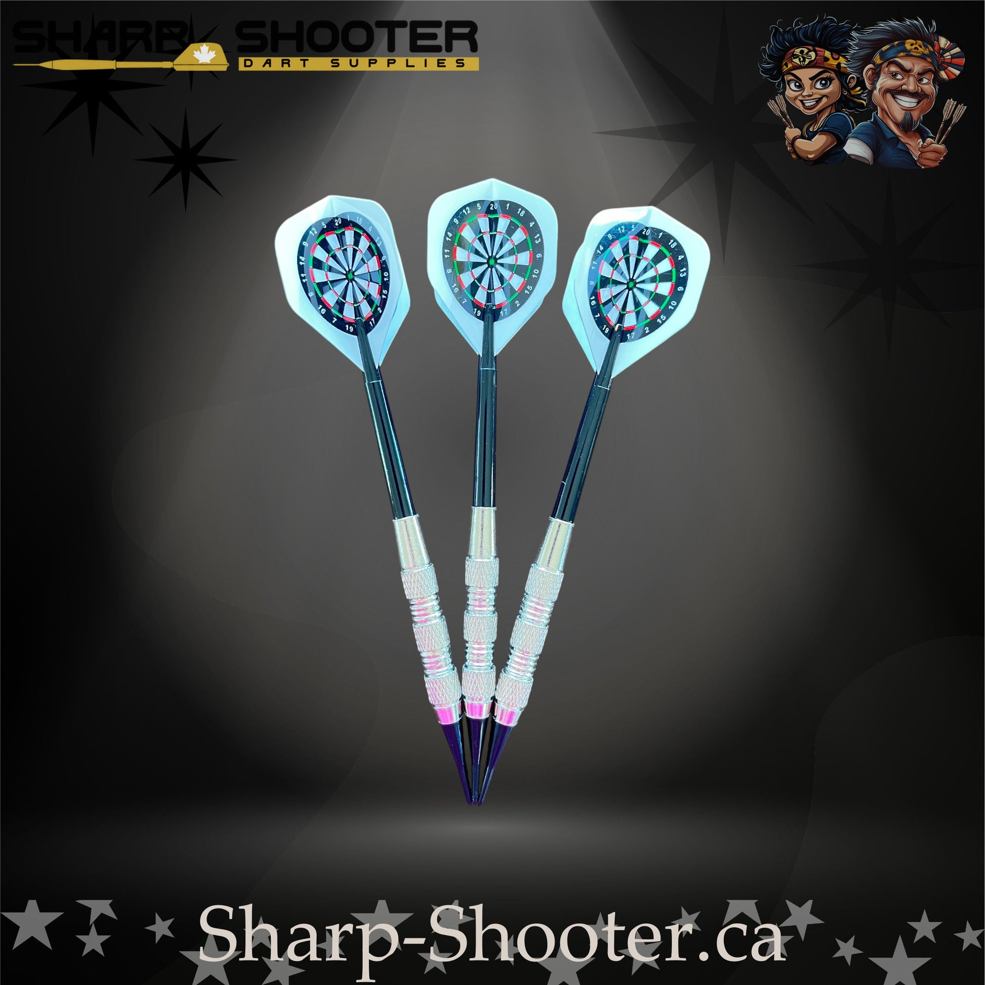 Happy Darts soft tip dart set with SD05 silver barrels, blue shafts, soft tips, and dartboard flights – Sharp Shooter Dart Supplies