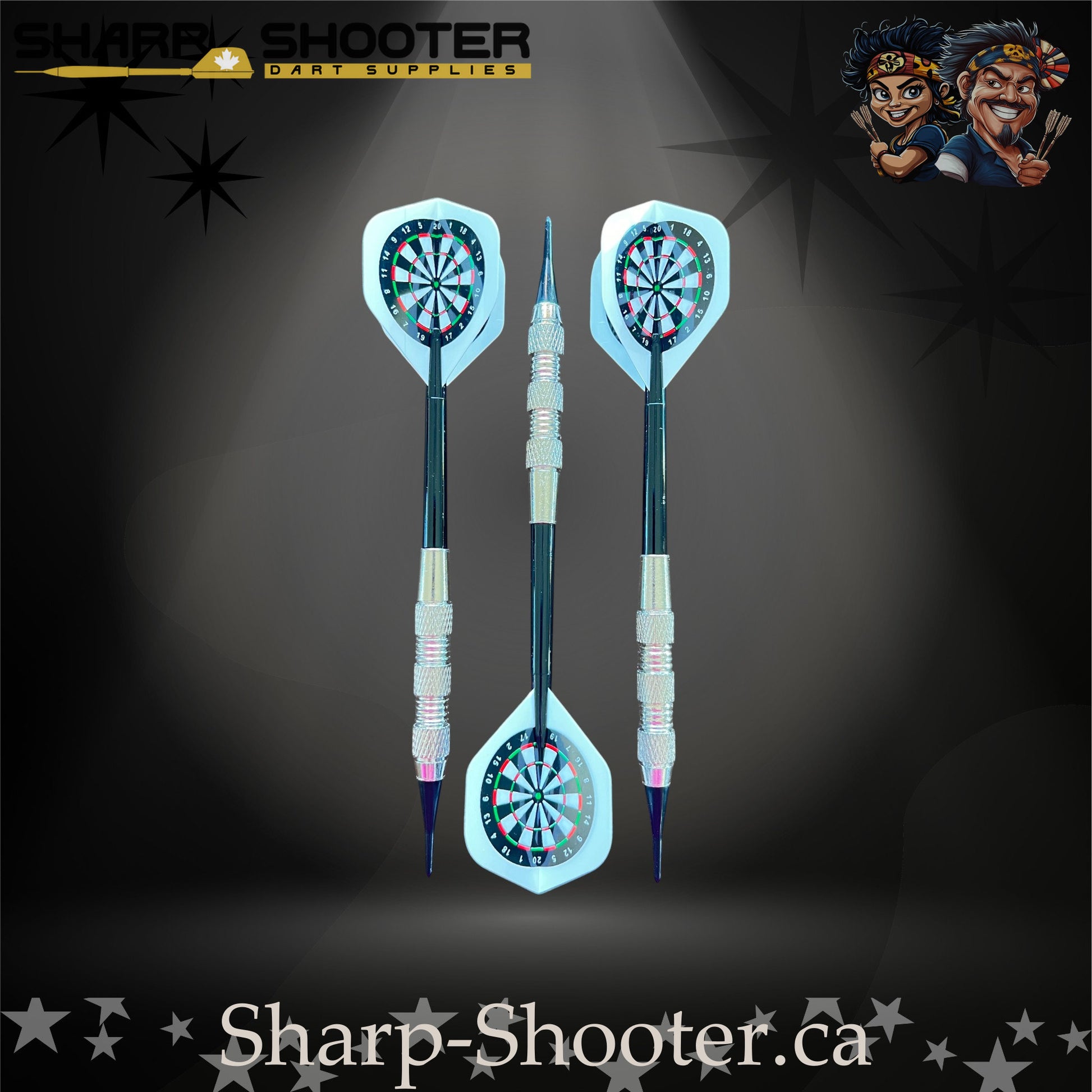 Happy Darts soft tip dart set with SD05 silver barrels, blue shafts, soft tips, and dartboard flights – Sharp Shooter Dart Supplies