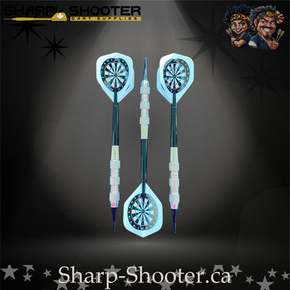 Happy Darts soft tip dart set with SD05 silver barrels, blue shafts, soft tips, and dartboard flights – Sharp Shooter Dart Supplies