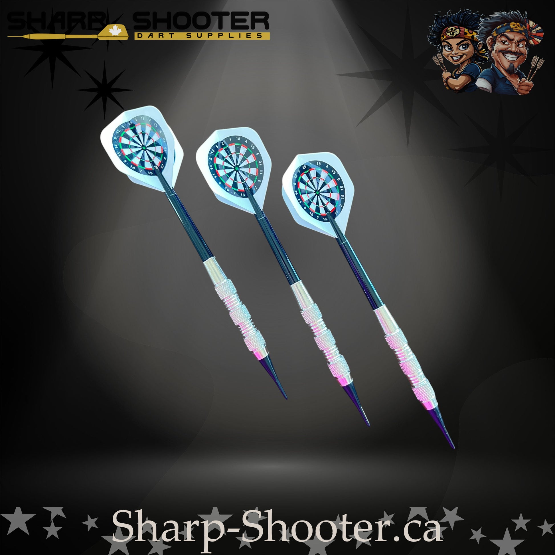 Happy Darts soft tip dart set with SD05 silver barrels, blue shafts, soft tips, and dartboard flights – Sharp Shooter Dart Supplies
