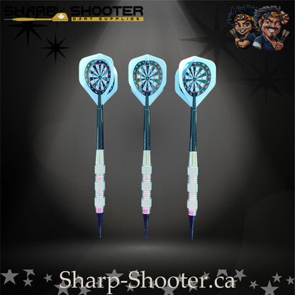 Happy Darts soft tip dart set with SD05 silver barrels, blue shafts, soft tips, and dartboard flights – Sharp Shooter Dart Supplies