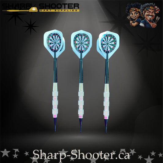 Happy Darts soft tip dart set with SD05 silver barrels, blue shafts, soft tips, and dartboard flights – Sharp Shooter Dart Supplies