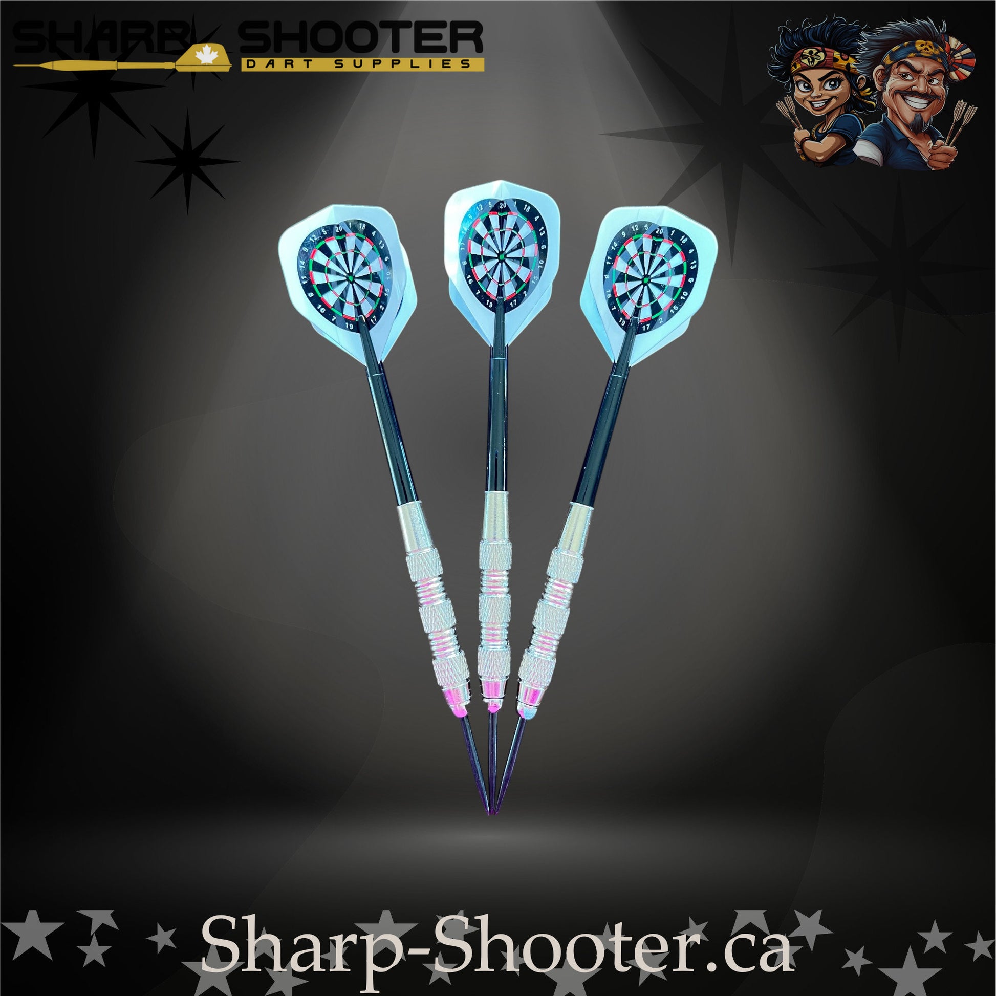 Happy Darts-S steel tip dart set with SD05 silver barrels, 29 mm slim steel tips, blue shafts, and dartboard flights – Sharp Shooter Dart Supplies