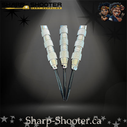 Happy Darts-S steel tip dart set with SD05 silver barrels, 29 mm slim steel tips, blue shafts, and dartboard flights – Sharp Shooter Dart Supplies