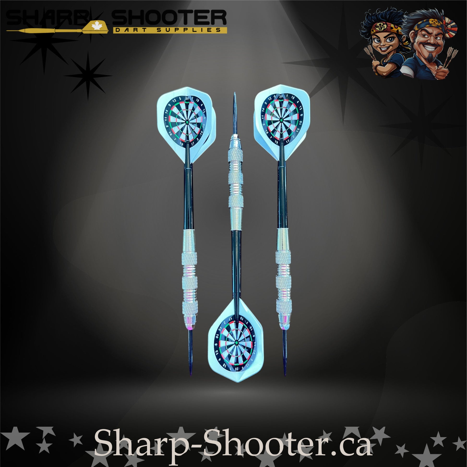 Happy Darts-S steel tip dart set with SD05 silver barrels, 29 mm slim steel tips, blue shafts, and dartboard flights – Sharp Shooter Dart Supplies