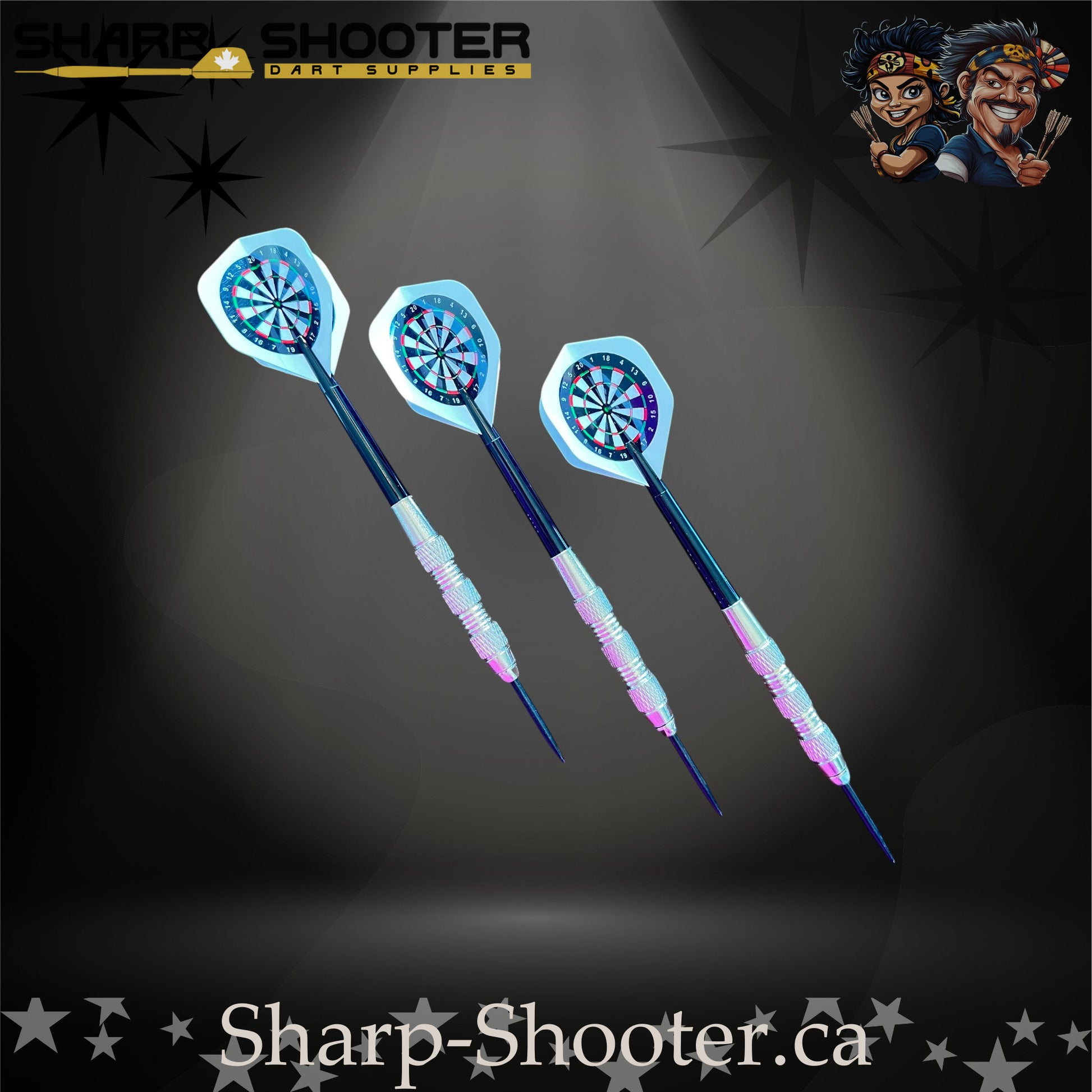 Happy Darts-S steel tip dart set with SD05 silver barrels, 29 mm slim steel tips, blue shafts, and dartboard flights – Sharp Shooter Dart Supplies