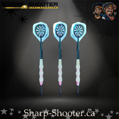 Happy Darts-S steel tip dart set with SD05 silver barrels, 29 mm slim steel tips, blue shafts, and dartboard flights – Sharp Shooter Dart Supplies