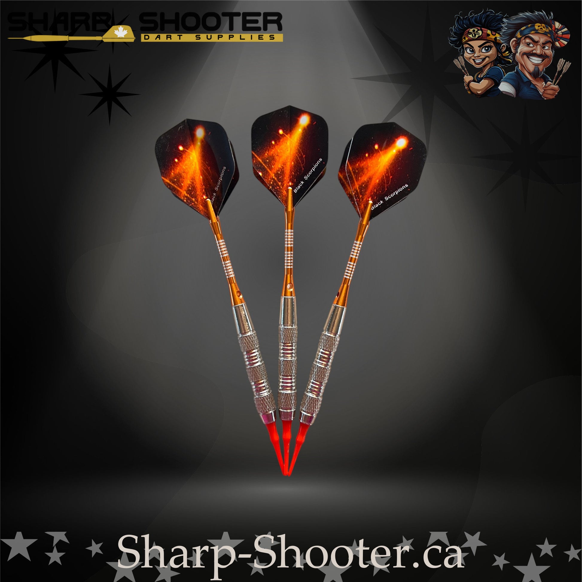 Heat soft-tip dart set with orange shafts and red tips, displayed on a dark Sharp Shooter background.