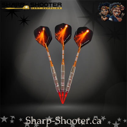 Heat soft-tip dart set with orange shafts and red tips, displayed on a dark Sharp Shooter background.