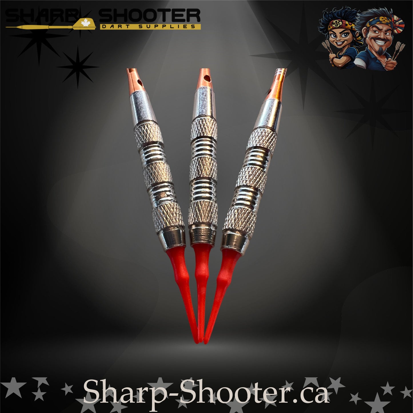 Heat soft-tip dart set with orange shafts and red tips, displayed on a dark Sharp Shooter background.
