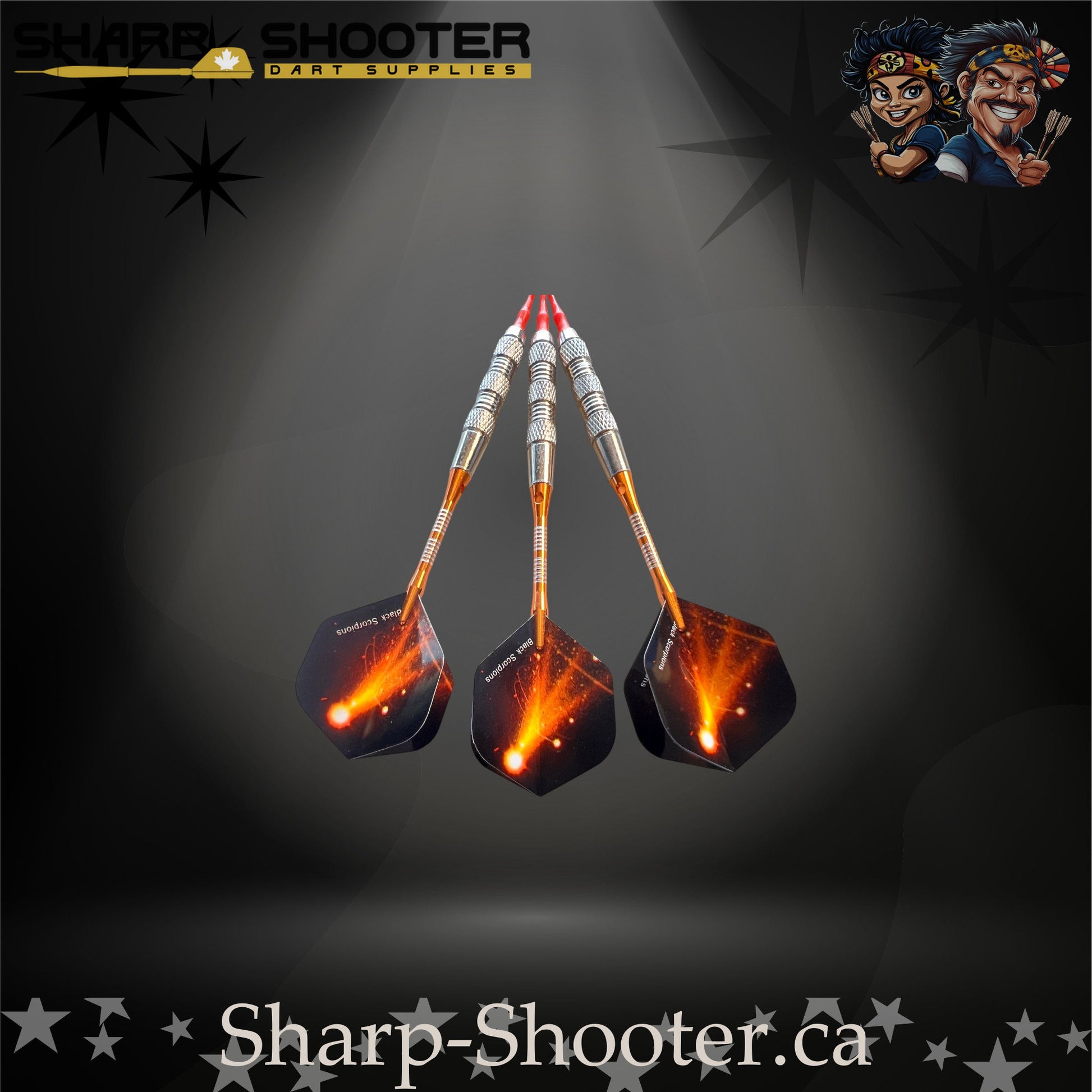Heat soft-tip dart set with orange shafts and red tips, displayed on a dark Sharp Shooter background.