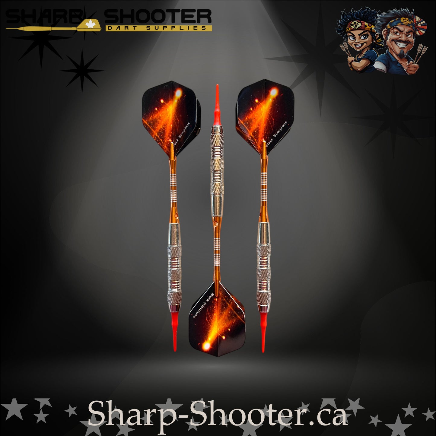 Heat soft-tip dart set with orange shafts and red tips, displayed on a dark Sharp Shooter background.
