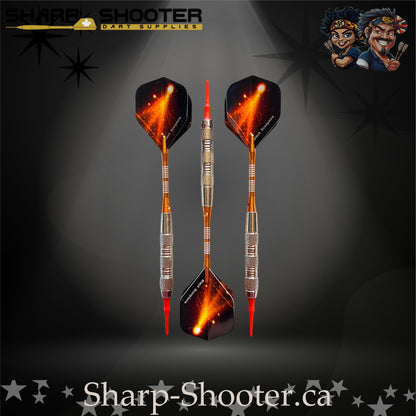 Heat soft-tip dart set with orange shafts and red tips, displayed on a dark Sharp Shooter background.