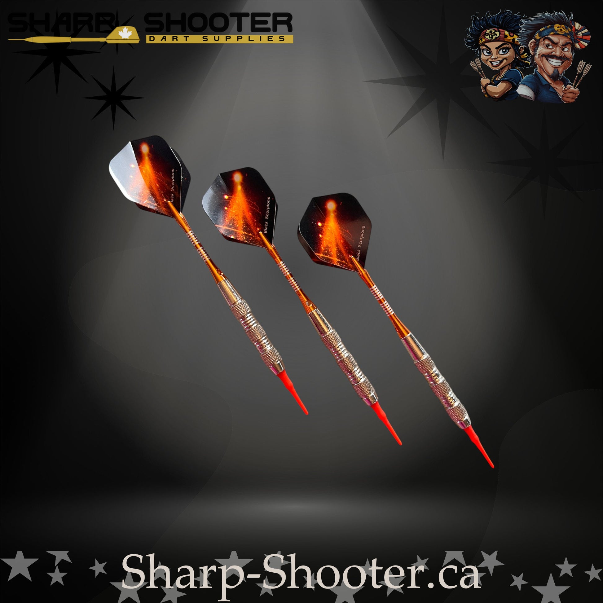Heat soft-tip dart set with orange shafts and red tips, displayed on a dark Sharp Shooter background.