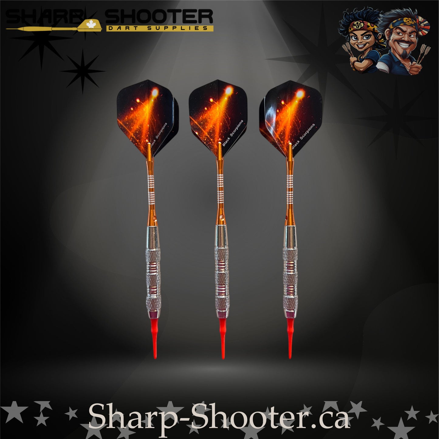 Heat soft-tip dart set with orange shafts and red tips, displayed on a dark Sharp Shooter background.