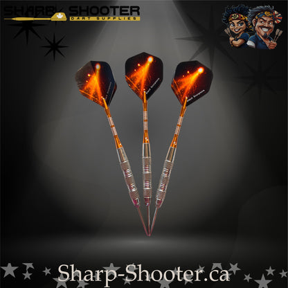Sharp Shooter SSD12-S steel-tip dart set with silver knurled barrels, orange nylon shafts, and orange flare flights displayed from multiple angles on a dark spotlight background