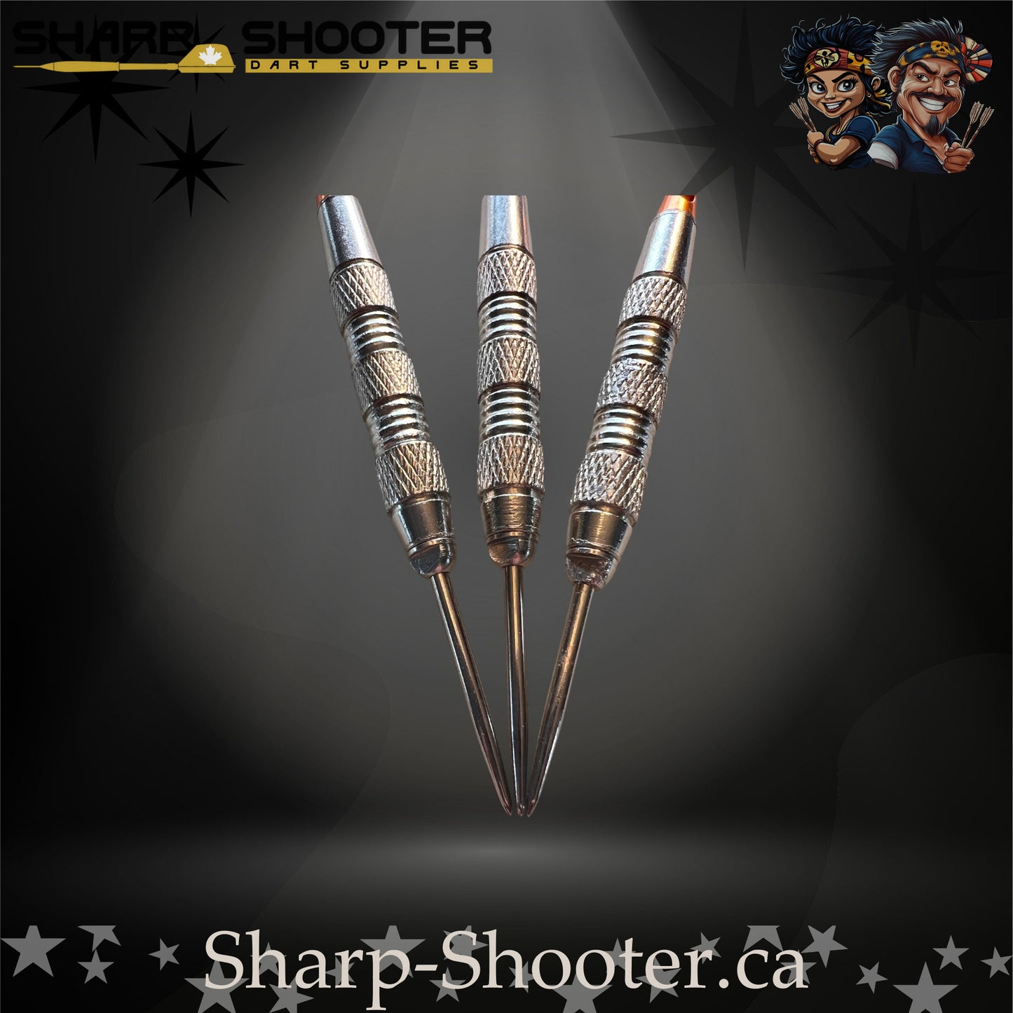 Sharp Shooter SSD12-S steel-tip dart set with silver knurled barrels, orange nylon shafts, and orange flare flights displayed from multiple angles on a dark spotlight background