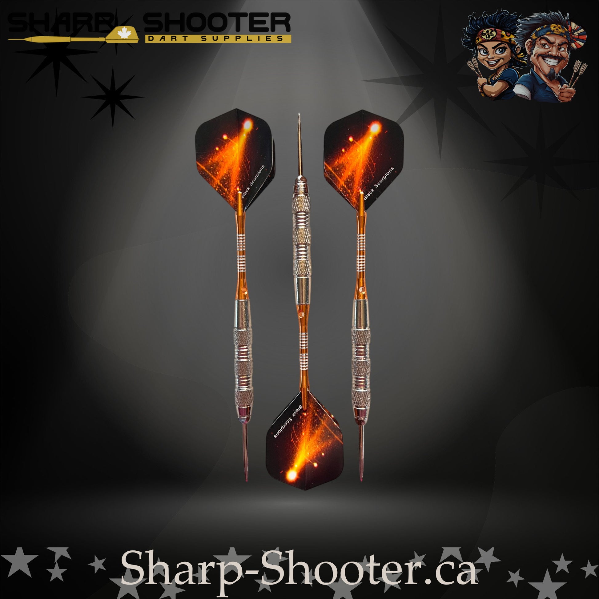 Sharp Shooter SSD12-S steel-tip dart set with silver knurled barrels, orange nylon shafts, and orange flare flights displayed from multiple angles on a dark spotlight background