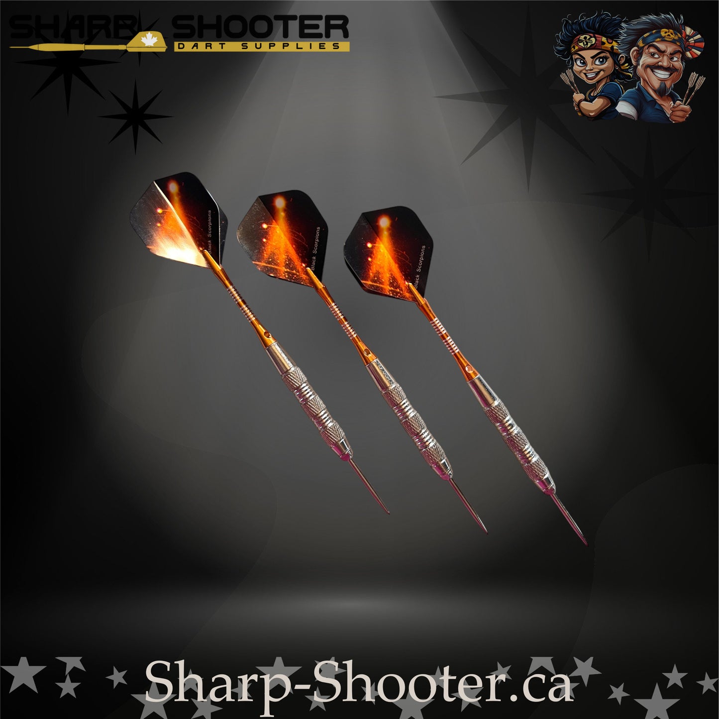 Sharp Shooter SSD12-S steel-tip dart set with silver knurled barrels, orange nylon shafts, and orange flare flights displayed from multiple angles on a dark spotlight background