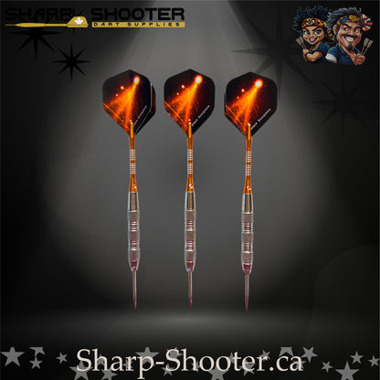 Sharp Shooter SSD12-S steel-tip dart set with silver knurled barrels, orange nylon shafts, and orange flare flights displayed from multiple angles on a dark spotlight background