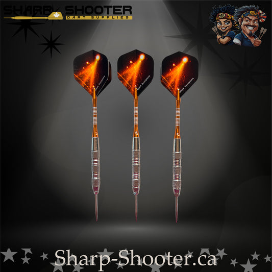 Sharp Shooter SSD12-S steel-tip dart set with silver knurled barrels, orange nylon shafts, and orange flare flights displayed from multiple angles on a dark spotlight background