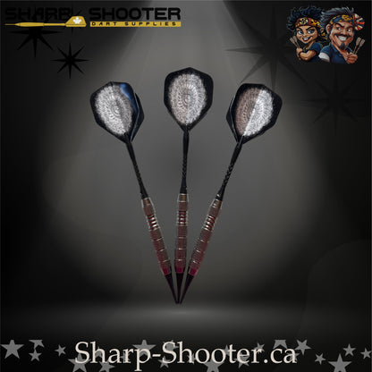 London Fog soft tip dart set with silver swirl flights, black shafts, and textured steel barrels, displayed on a dark gradient background