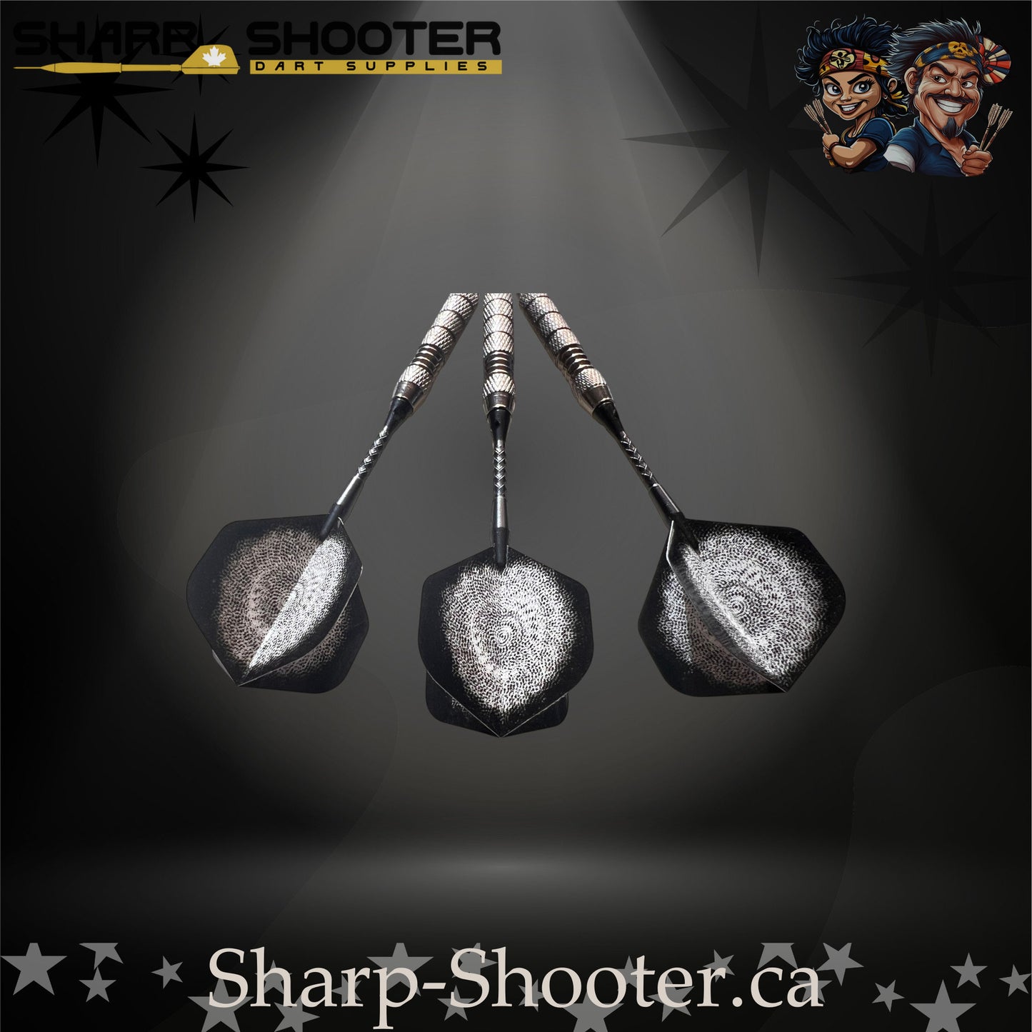 London Fog soft tip dart set with silver swirl flights, black shafts, and textured steel barrels, displayed on a dark gradient background