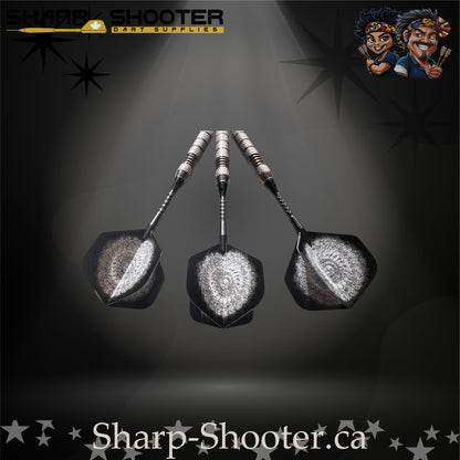 London Fog soft tip dart set with silver swirl flights, black shafts, and textured steel barrels, displayed on a dark gradient background