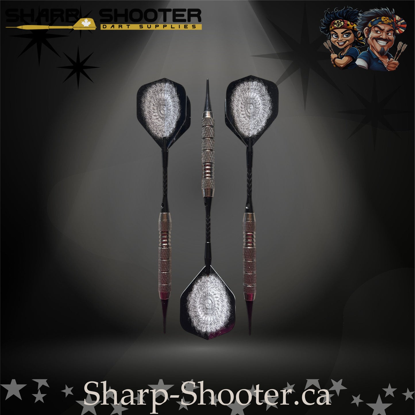 London Fog soft tip dart set with silver swirl flights, black shafts, and textured steel barrels, displayed on a dark gradient background