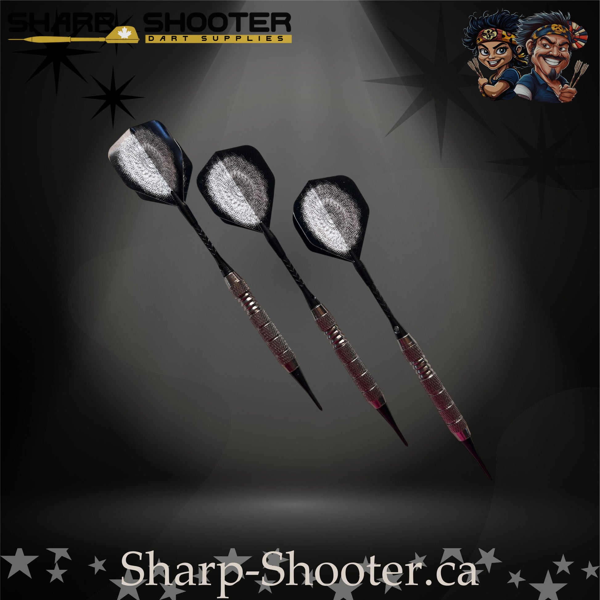 London Fog soft tip dart set with silver swirl flights, black shafts, and textured steel barrels, displayed on a dark gradient background