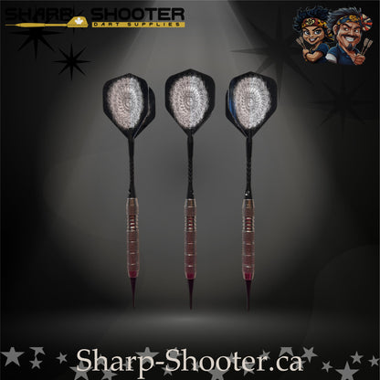 London Fog soft tip dart set with silver swirl flights, black shafts, and textured steel barrels, displayed on a dark gradient background