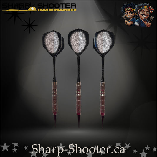 London Fog soft tip dart set with silver swirl flights, black shafts, and textured steel barrels, displayed on a dark gradient background