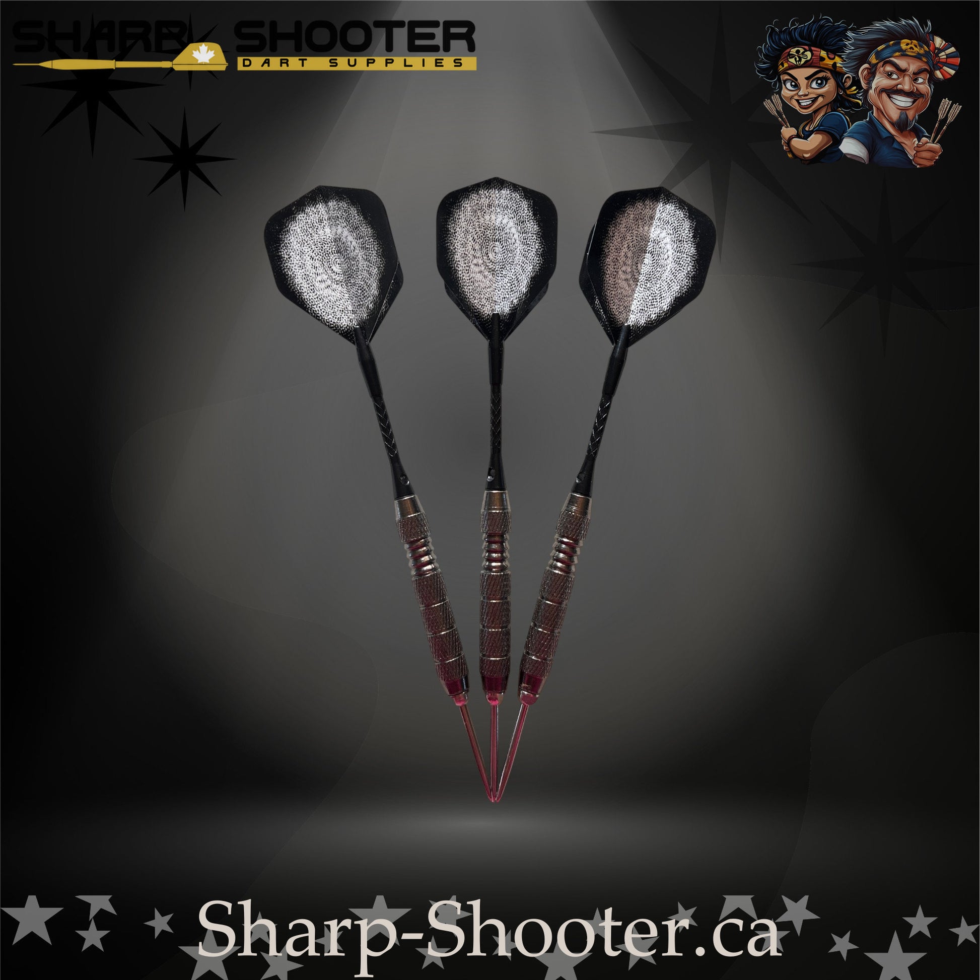 London Fog steel tip dart set featuring silver-grey patterned flights, black shafts, and precision-cut ringed barrels on a dark spotlight background.