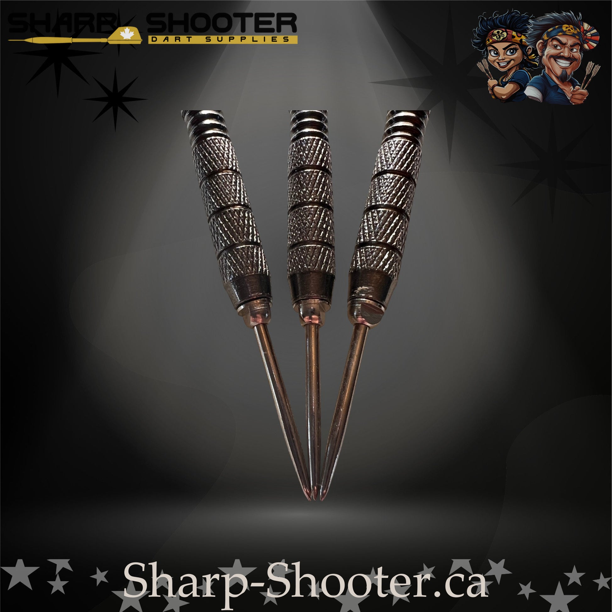 London Fog steel tip dart set featuring silver-grey patterned flights, black shafts, and precision-cut ringed barrels on a dark spotlight background.