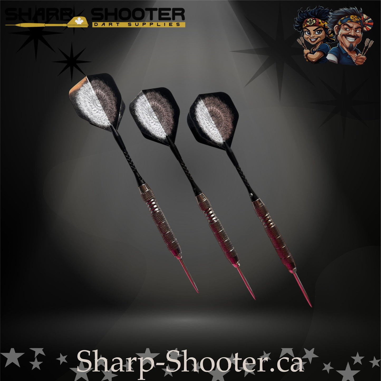 London Fog steel tip dart set featuring silver-grey patterned flights, black shafts, and precision-cut ringed barrels on a dark spotlight background.