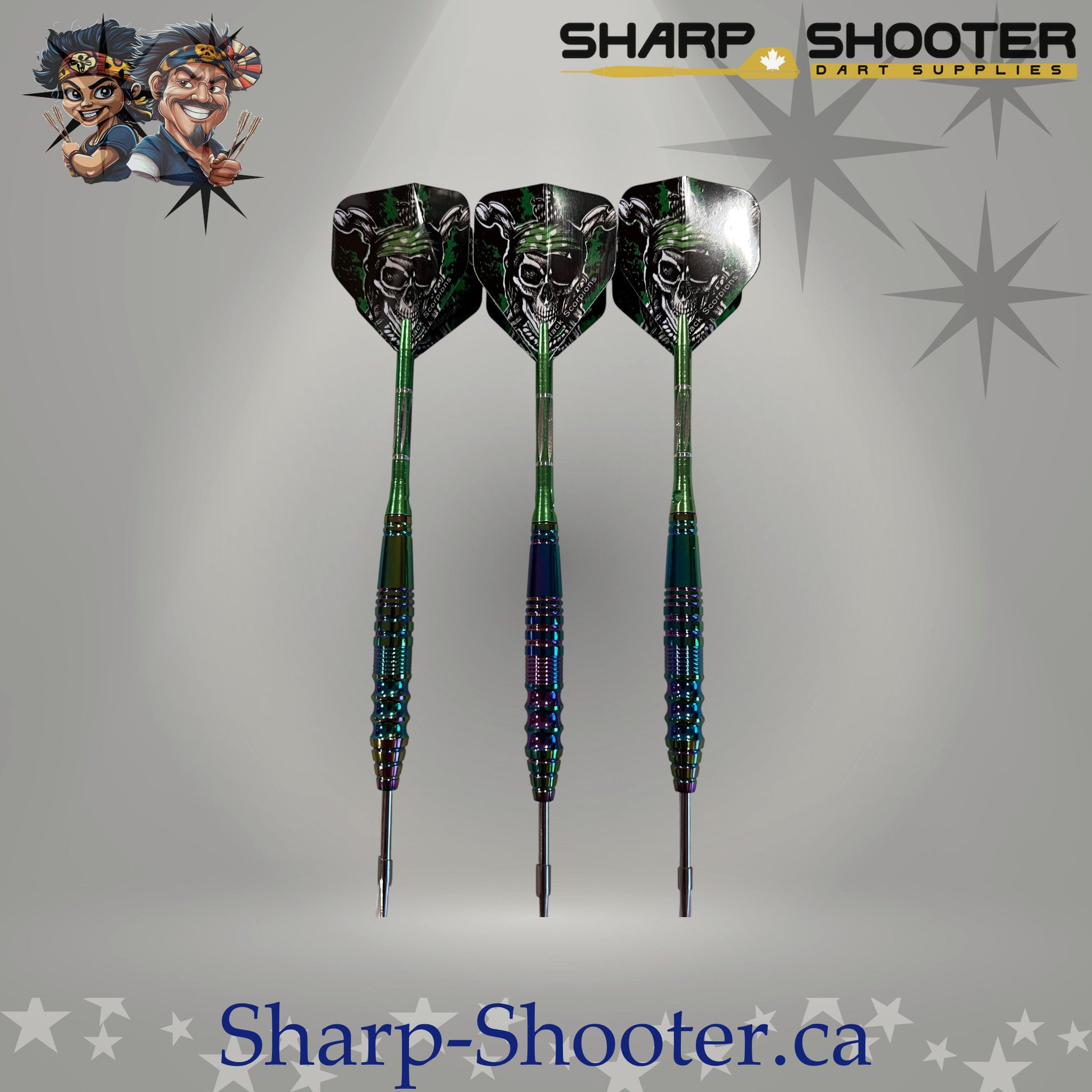 Marauder Select Series steel dart set with Prismforge copper oilslick barrels, green aluminum shafts, pirate skull flights, and steel tips by Sharpshooter